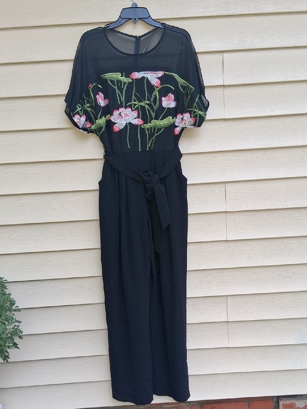 Eva Franco Black Jumpsuit with Pink & Green‎ Floral Embroidery